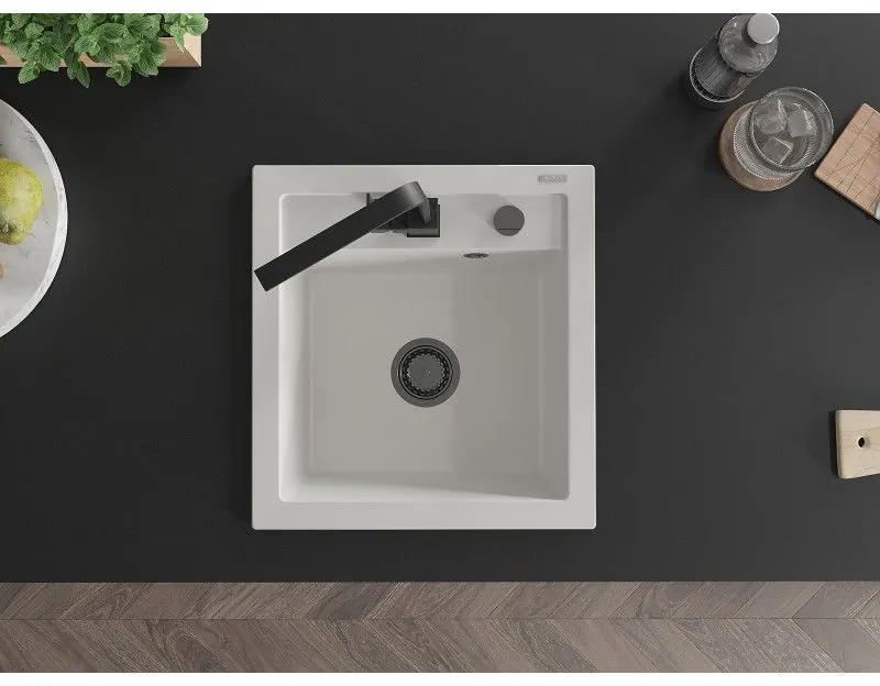 Mexen Vito, 1-komorový granitový drez 520x490x210 mm, čierna batéria Rita, biela, 6503-20-670300-70