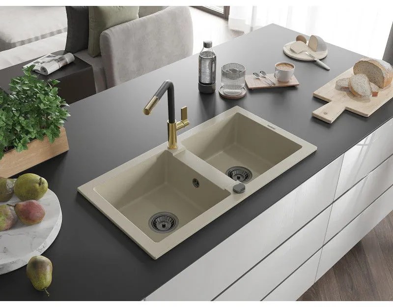 Mexen Mario, 2-komorový granitový drez 820x436x161 mm a drezová batéria Flora, béžová, 6504-69-670401-57-B