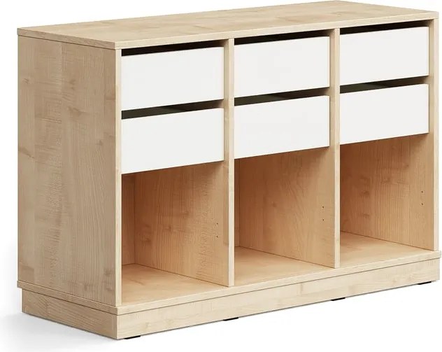 Úložná skrinka CASPER, 6 zásuviek, 3 priehradky, so soklom, breza/biela
