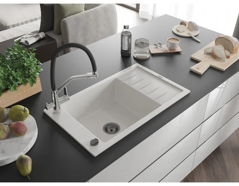 Mexen Elias, 1-komorový granitový drez 795x480x200 mm a drezová batéria Duo, biela, 6511-20-671701-07-B