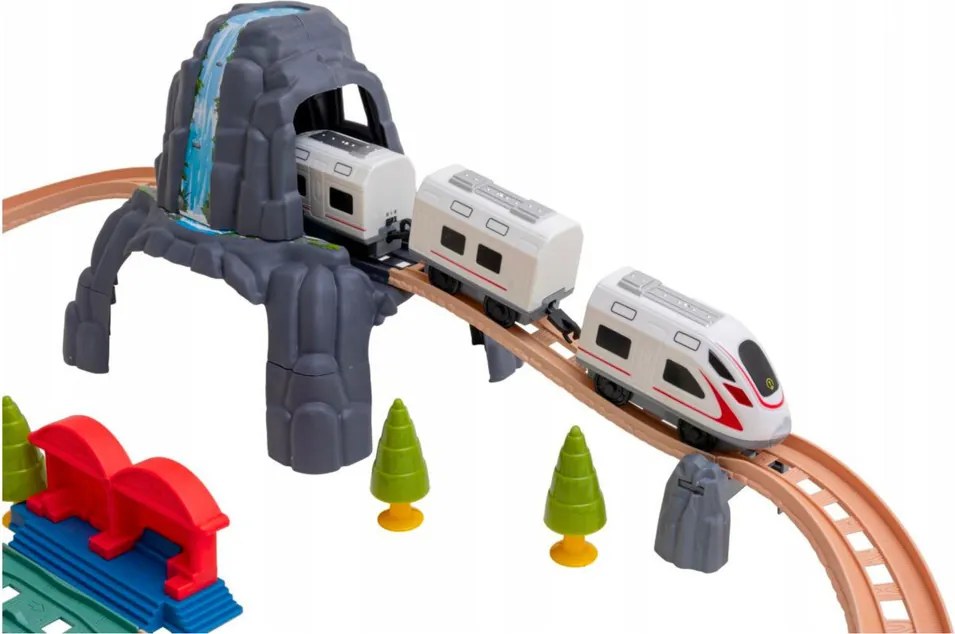 LEAN Toys Elektrický interaktívny vláčik s vagónmi, tunel, sopka, dinosaury, 95 cm
