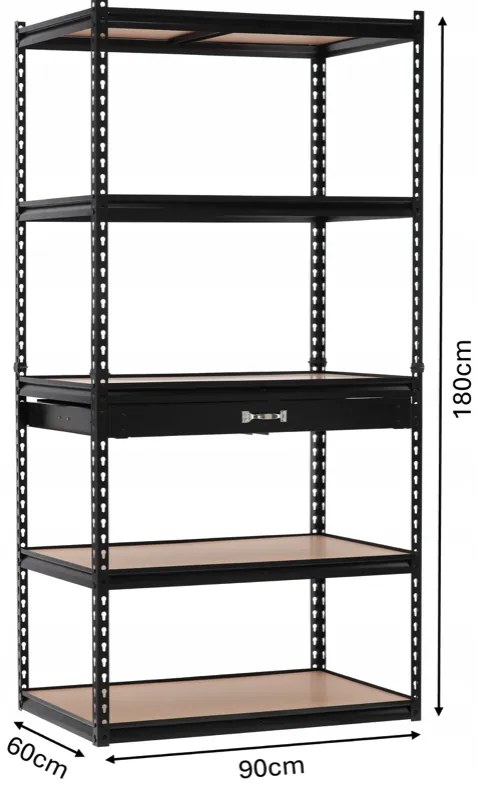 Kovový regál s 5 policami a zásuvkou – 180 x 90 x 60 cm