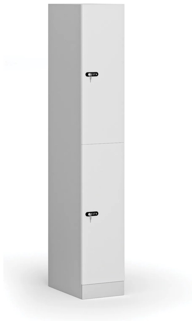 Šatníková skrinka s úložnými boxmi, 2 boxy, 1850 x 300 x 500 mm, mechanický kódový zámok, laminované dvere, biela
