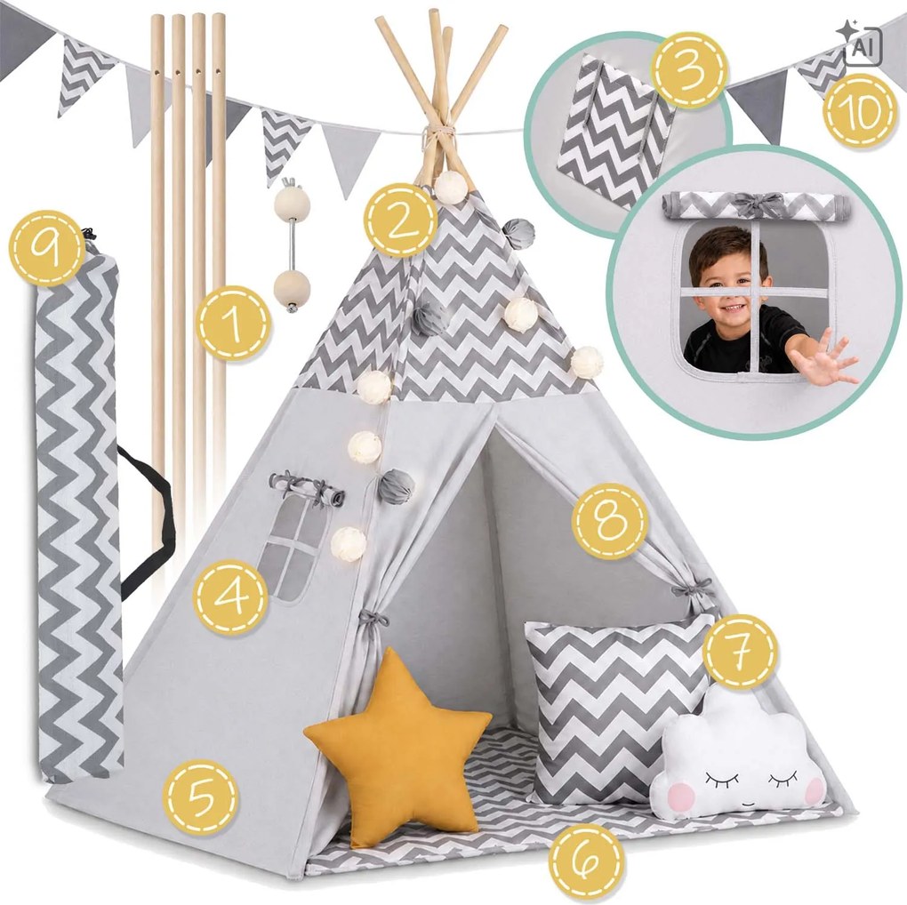 Detský stan Tepee so svetlom Nukido - sivý