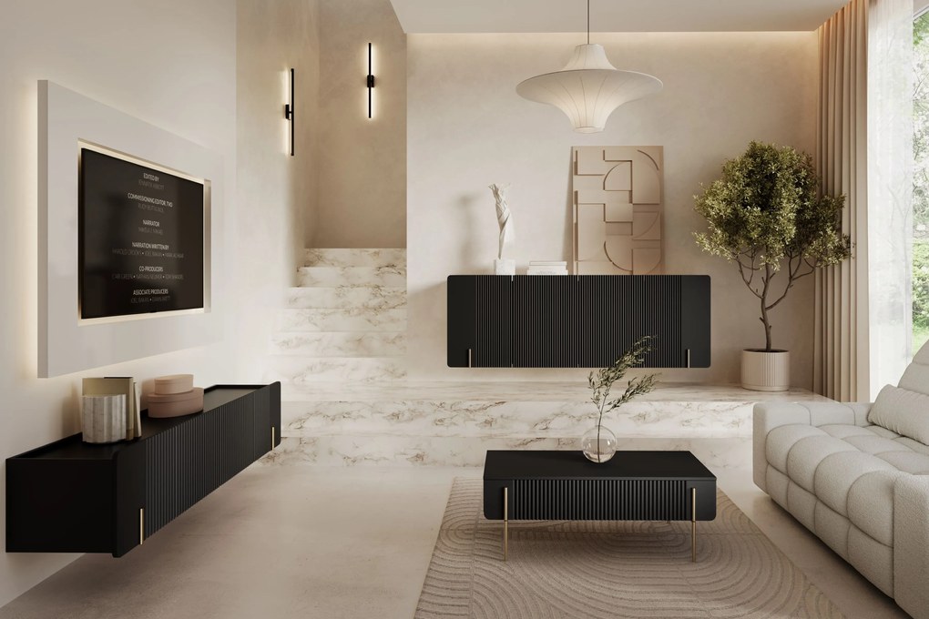 Čierny konferenčný stolík Malmi 100 cm so zásuvkami - matný čierny / zlaté nohy