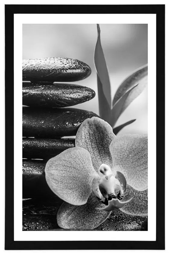 Plagát s paspartou meditačná Zen kompozícia v čiernobielom prevedení - 30x45 silver