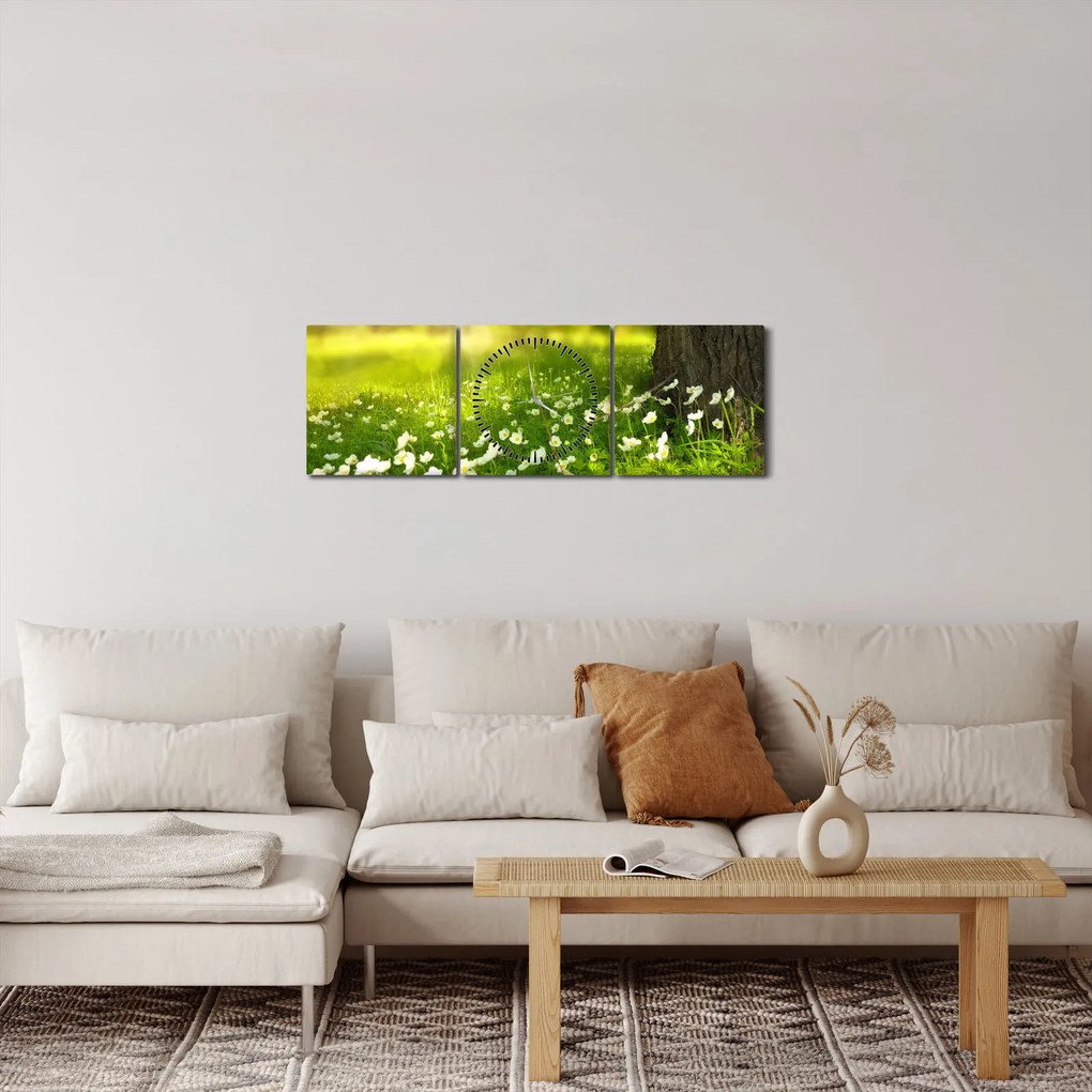 Obraz paseky a kvetín (s hodinami) (90x30 cm)