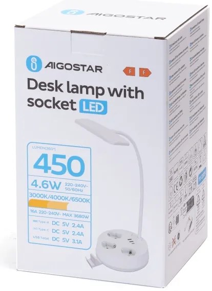 Aigostar - LED Stmievateľná stolná lampa so zásuvkami a USB LED/4,6W/230V biela