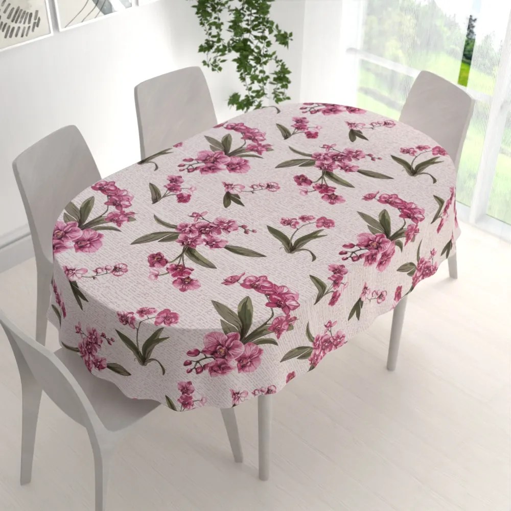 Biante Bavlnený oválny obrus Sandra SA-635 Ružovofialové orchidey na bielom 120x200 cm