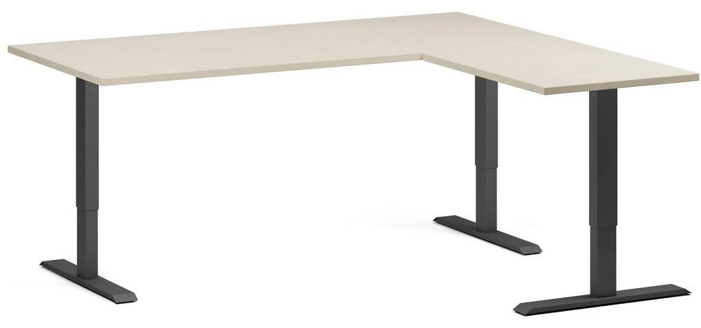 Výškovo nastaviteľný stôl, 180x160 cm, 3 motory, L/P, čierna podnož, breza