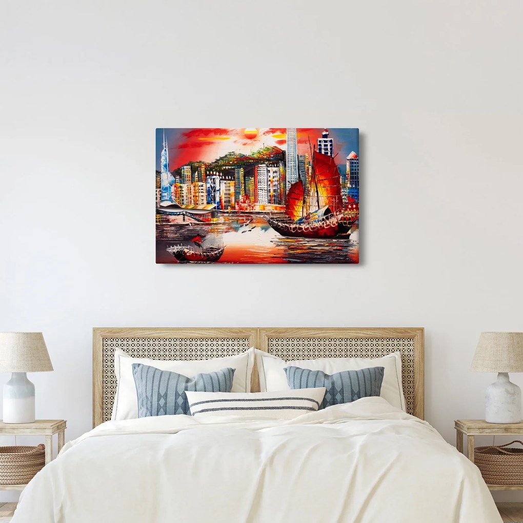 Obrázok - Victoria Harbor, Hong Kong, olejomaľba (90x60 cm)