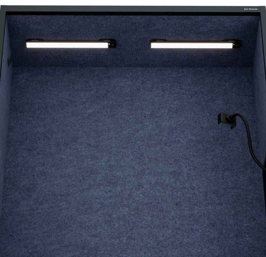 Kancelárska akustická kabína so sedadlom a portom USB-C, telo v antracitovej farbe / sedadlo v tmavomodrá farbe, 1150 mm: SALLY MentalBox