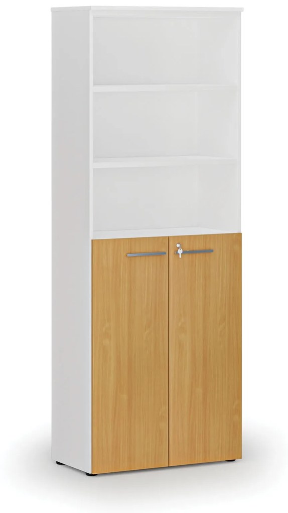 Kombinovaná kancelárska skriňa PRIMO WHITE, dvere na 3 poschodia, 2128 x 800 x 420 mm, biela/buk