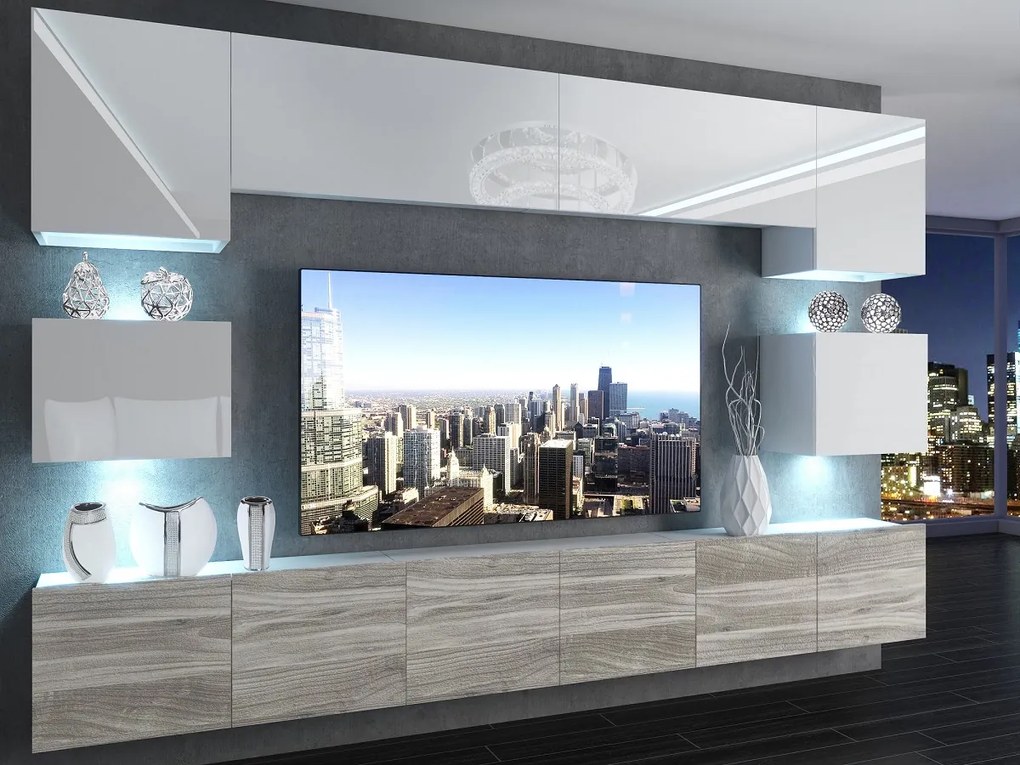 Obývacia stena 300 cm Belini biely lesk / šedý antracit Glamour Wood Imperium3 IMP 3/5/W/WGW1/0/0