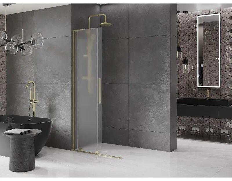 Mexen Velar L, posuvná sprchová zástena Walk-in 100 x 200 cm, 8mm sklo námraza, zlatá lesklá, 871-100-003-33-50