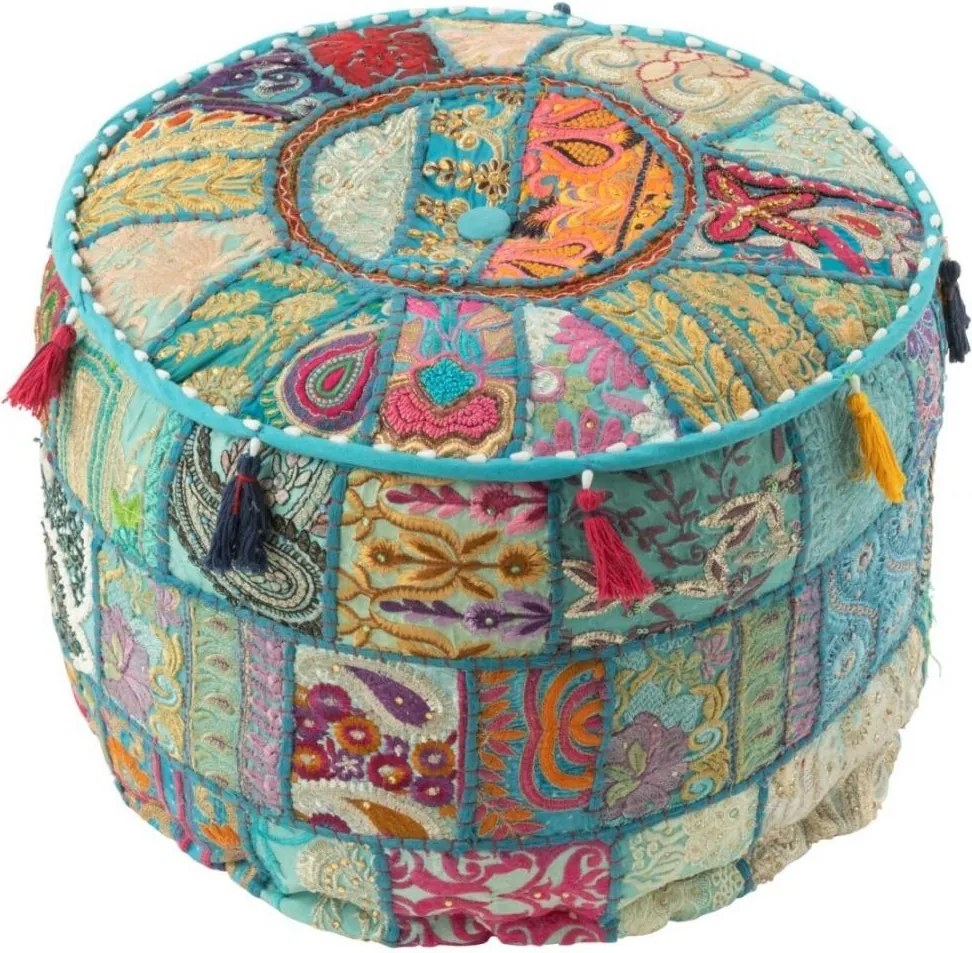Modrý okrúhly Pouf vankúš so vzorovaním a strapcami – 40*40*30 cm