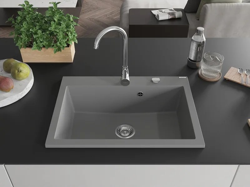 Mexen Elix, 1-korový granitový drez 700 x 500 mm, šedá, chrómový sifón, 6526701005-71