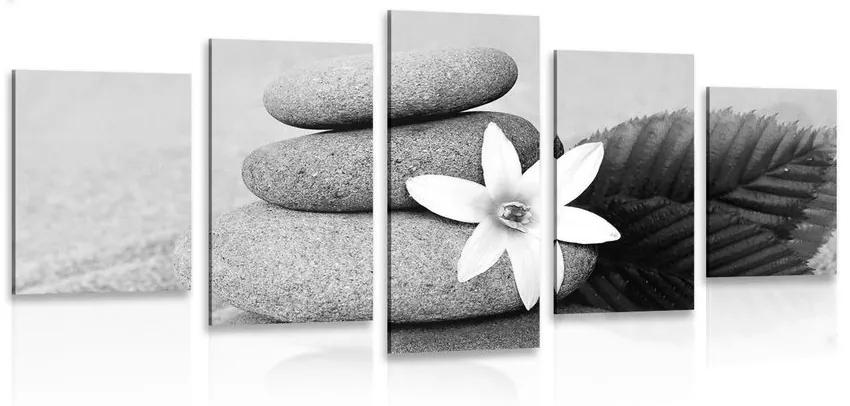 5-dielny obraz kvet a kamene v piesku v čiernobielom prevedení