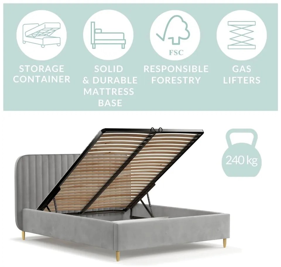 Sivá čalúnená dvojlôžková posteľ s úložným priestorom s roštom 180x200 cm Noto – Maison de Rêve