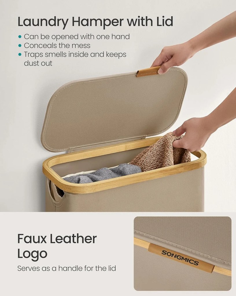 Kôš na prádlo s viečkom, úzky úložný kôš na prádlo, 65 L, 42 x 22,5 x 70,5 cm, Tehlovo hnedá