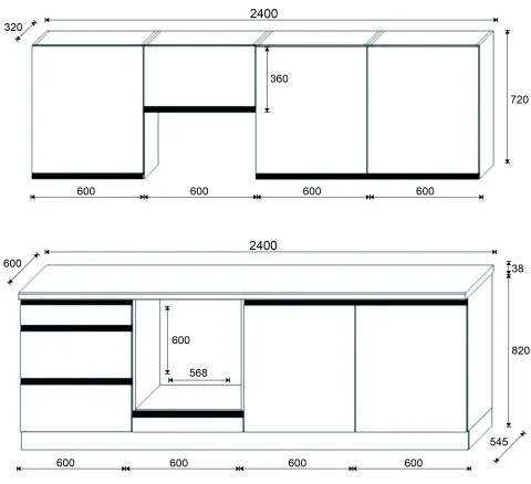 Kuchynská linka MARINA 240 cm dub craft/lesklá biela