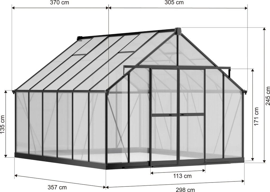 Skleník 245 x 305 x 370 cm, zosilnená konštrukcia, polykarbonát 6 mm