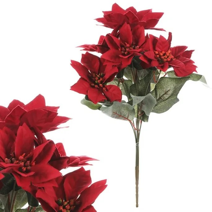 Umelá kytica Vianočná ruža, 7 kvetov, červená, 43 cm