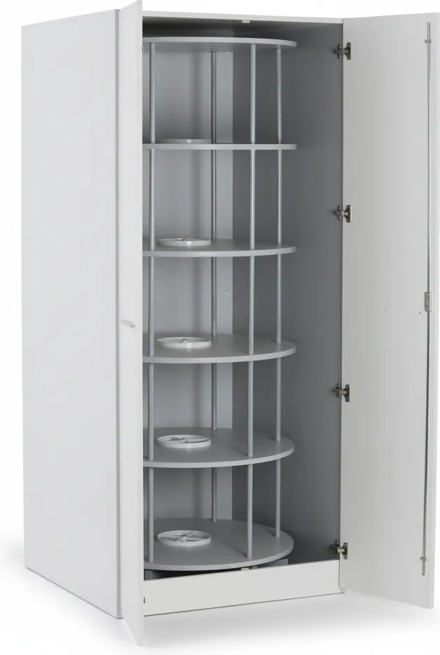 Skriňa s otočným regálom na šanóny, 5 poschodí, uzamykateľná, biela
