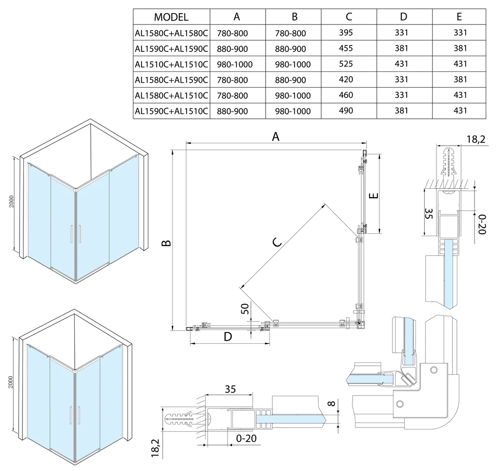 Polysan Polysan, ALTIS LINE obdĺžniková sprchová zástena 900x800 mm, L/P varianta, rohový vstup, AL1590CAL1580C