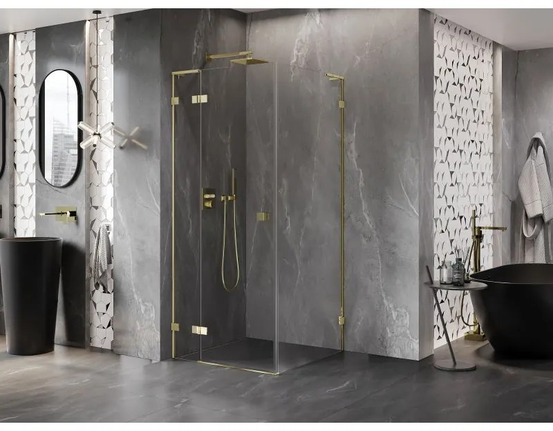 Mexen Lunar, L sklápací sprchový kút ľavý 70 x 70 cm, 8mm číre sklo, zlatý profil, 834L-070-070-50-00-L