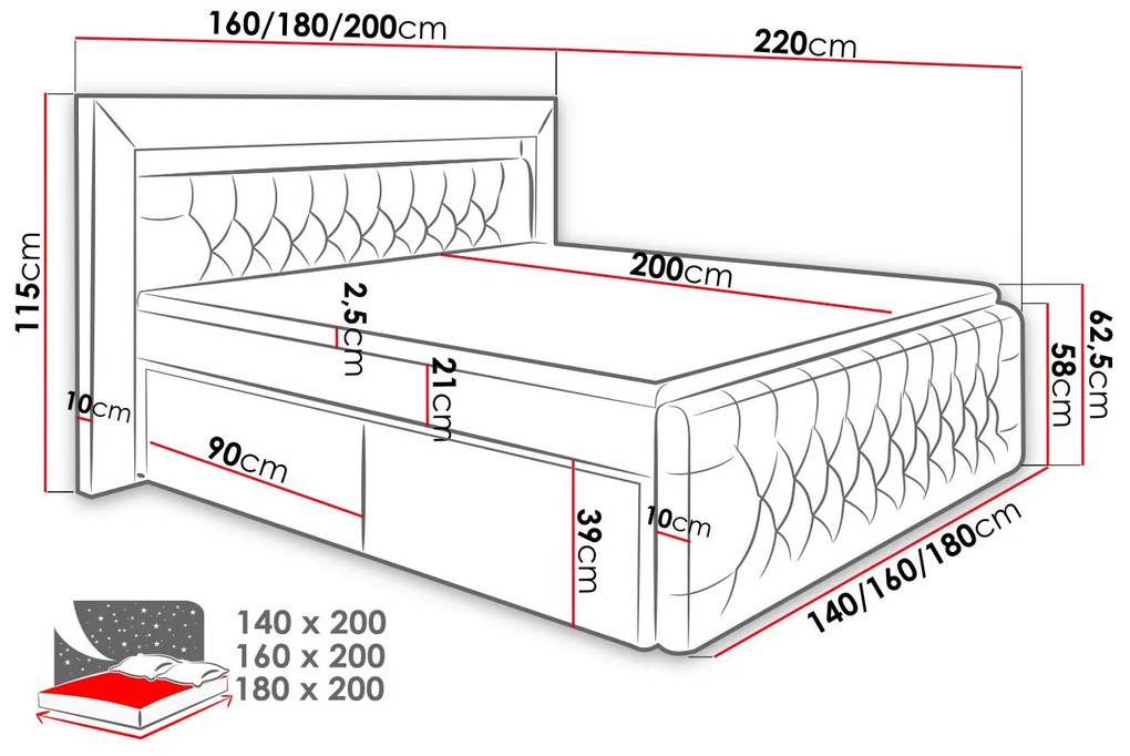 Boxspringová posteľ s LED osvetlením a dvomi zásuvkami 180x200 DELBIN - šedá + topper ZDARMA