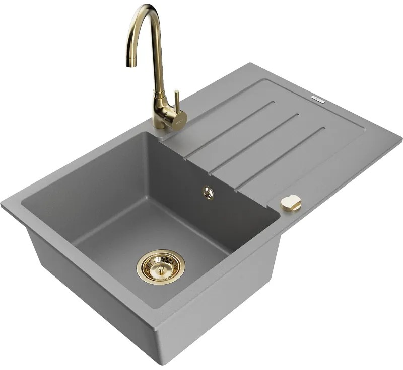 Mexen Bruno, 1-komorový granitový drez s odkvapkávačom 795x495x200 mm a zlatá kuchynská batéria Telma, šedá, 6513-71-670200-50