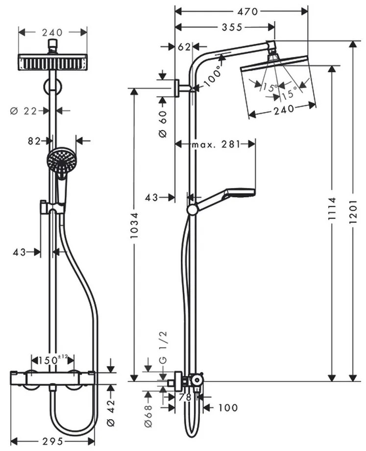 Hansgrohe Crometta E, showerpipe 240 1jet EcoSmart 9 l/min s termostatom, chróm, HAN-27281000