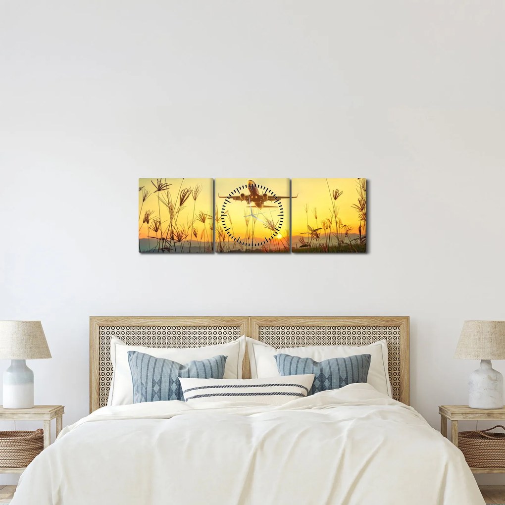 Obraz vzlietajúceho lietadla (s hodinami) (90x30 cm)