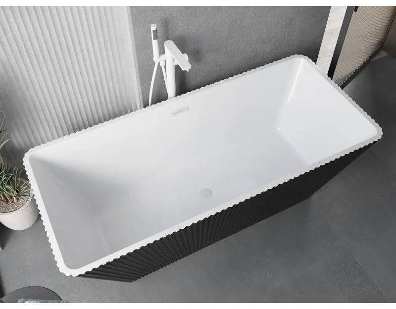 Mexen Tava, voľne stojaca ryhovaná vaňa 170 x 75 cm, biela-čierna, biely prepad, 52851707575-20