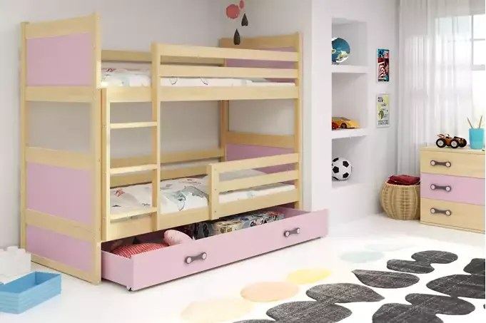 Poschodová posteľ RICO so zásuvkou, prírodná/ružová