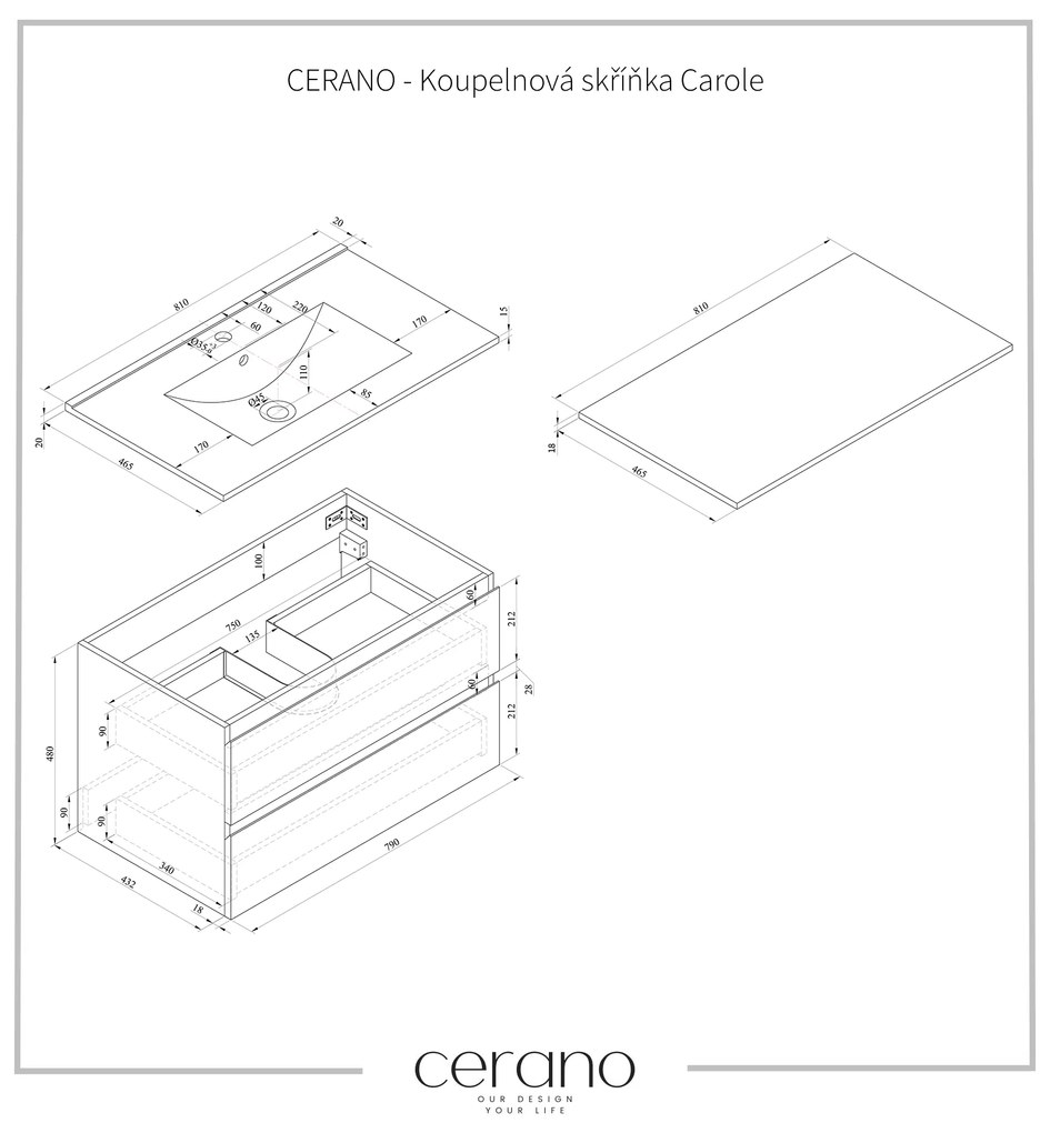 CERANO - Kúpeľňová skrinka Carole s doskou pod umývadlo - čierna matná - 80x49, 8x46 cm, CER-CER-476390