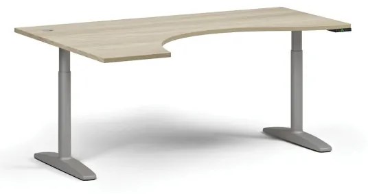 Výškovo nastaviteľný stôl OBOL, elektrický, 675-1325 mm, ergonomický ľavý, doska 1800x1200 mm, sivá zaoblená podnož, dub prírodný