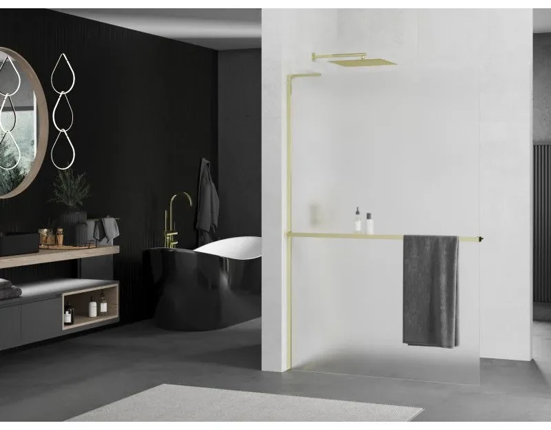 Mexen Kioto+ L, sprchová zástena Walk-In s poličkou a vešiakom 80 x 200 cm, 8mm sklo námraza, zlatý lesklý profil,800-080-123-50-30
