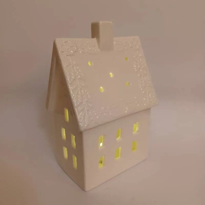 DECOLED Keramický domeček, 10,6 x 8,7 x 16,8 cm, teple bílá, 2xLR44