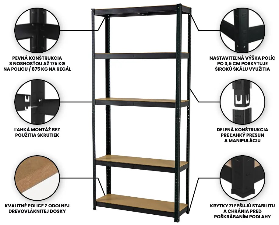 Fistar Interiérový Regál 2000x900x500 mm lakovaný 5-policový, nosnosť 875 kg - ČIERNY