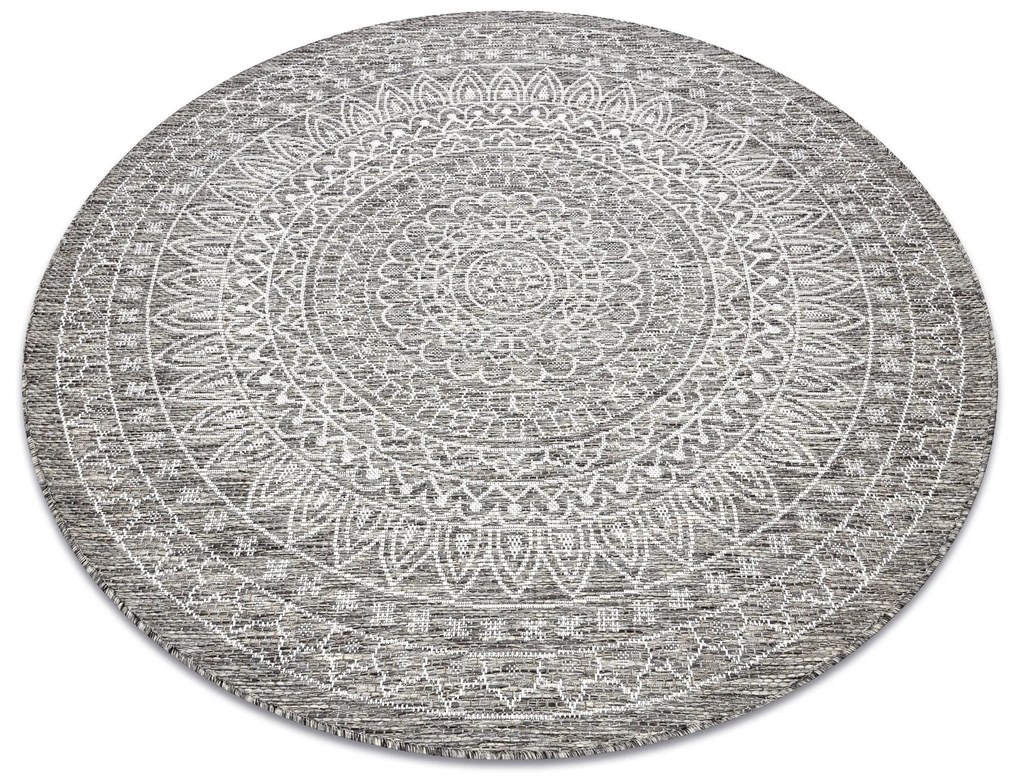 Šnúrkový okrúhly koberec SIZAL LOFT 21207 BOHO Mandala, slonovinová kosť - sivý