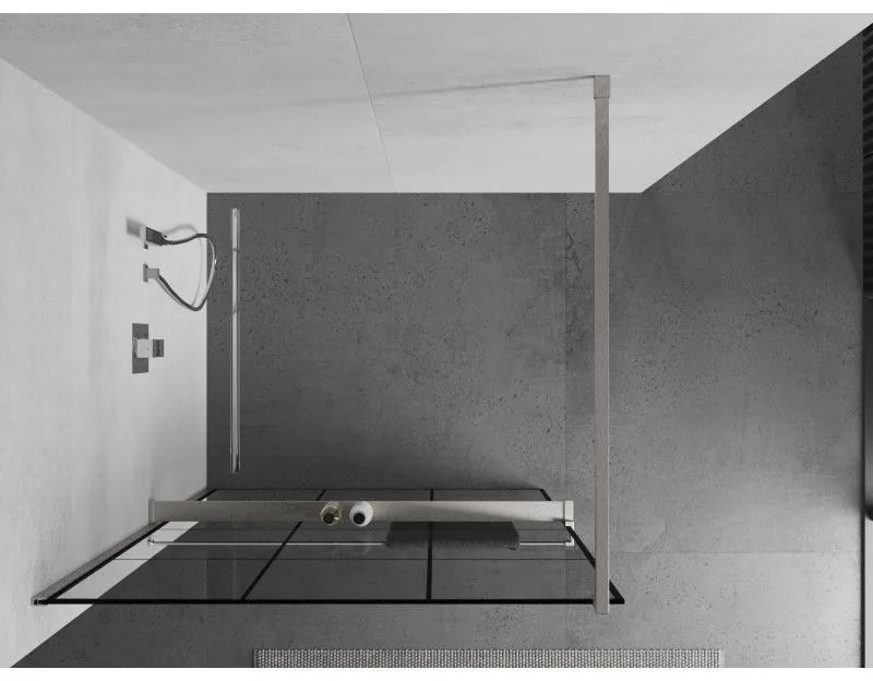 Mexen Kioto+, sprchová zástena Walk-In s poličkou a vešiakom 110 x 200 cm, 8mm číre sklo čierny vzor, brúsená oceľ profil, 800-110-121-97-77