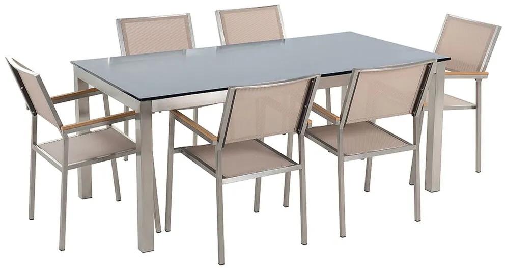 Sada záhradného nábytku stôl so sklenenou doskou 180 x 90 cm 6 béžových stoličiek GROSSETO Beliani