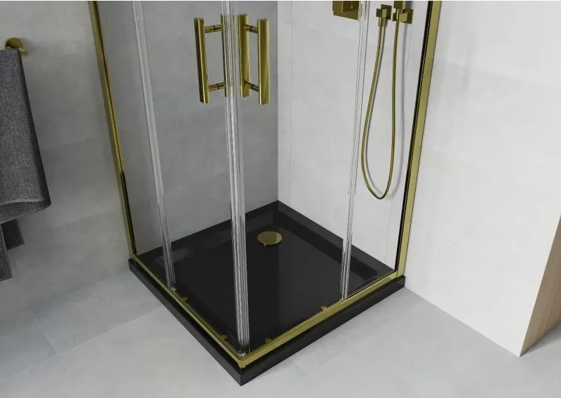 Mexen Rio, štvorcový sprchovací kút s posuvnými dverami 70(dvere) x 70(dvere) x 190 cm, 6mm číre sklo, zlatý profil + čierna sprchová vanička SLIM so zlatým sifónom, 860-070-070-50-00-4070G