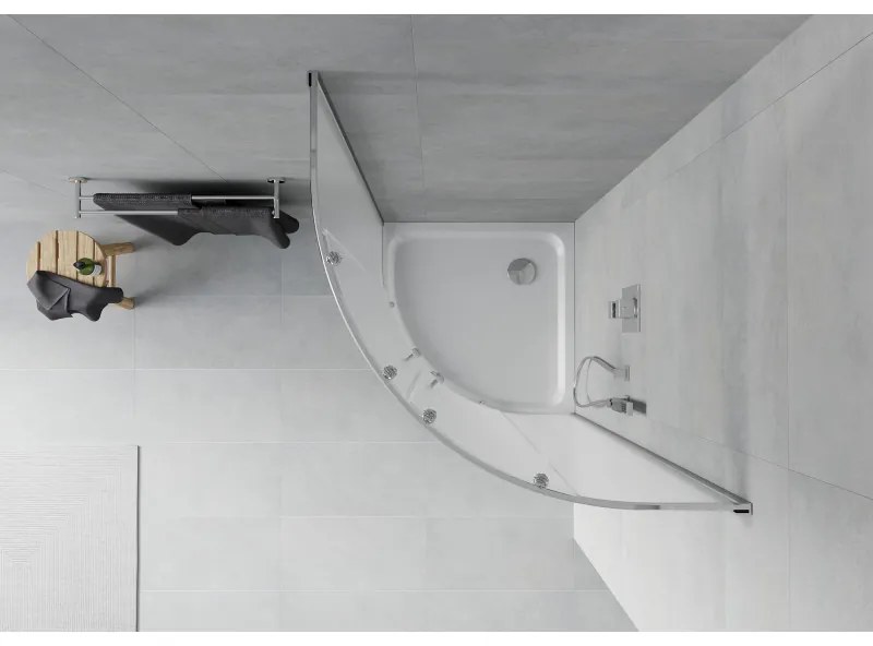 Mexen Rio, štvrťkruhový sprchovací kút s posuvnými dverami 90 x 90 cm, 6mm sklo námraza, chrómový profil + biela sprchová vanička, 863-090-090-01-30-4110