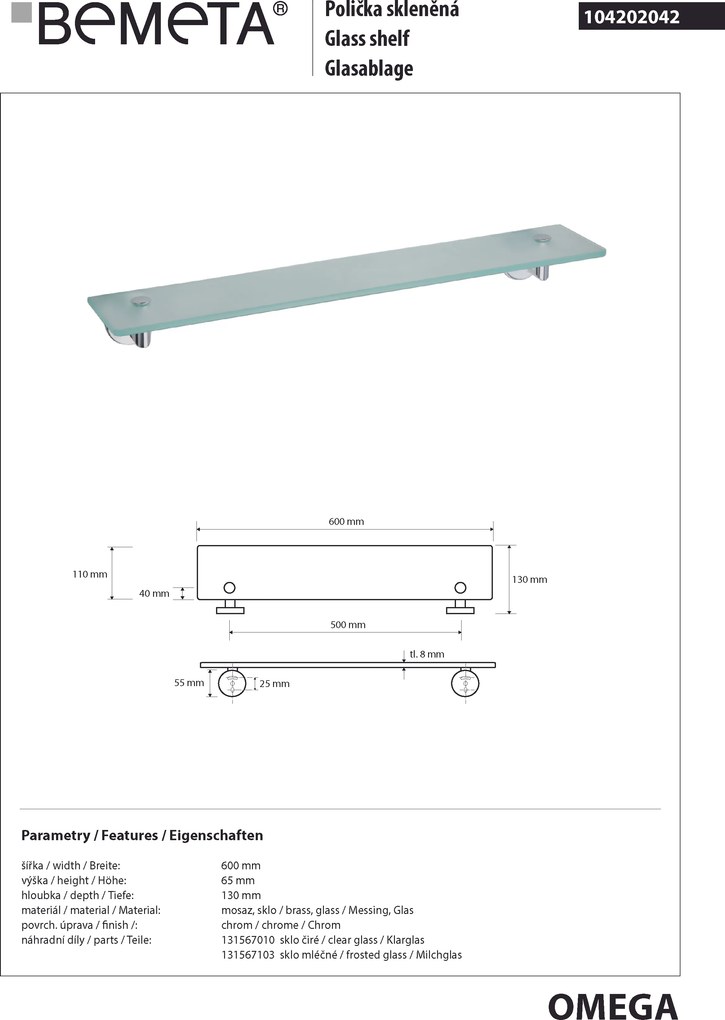 Bemeta Design OMEGA: Polička, 600 mm, sklo - 104202042