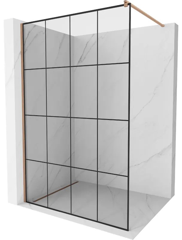Mexen Kioto, sprchová zástena Walk-In 140 x 200 cm, 8mm číre sklo čierny vzor, medený matný profil, 800-140-101-65-77