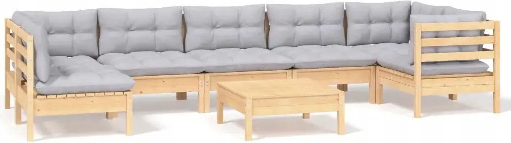 vidaXL 8-dielna sedacia súprava do záhrady, sivé vankúše, borovica