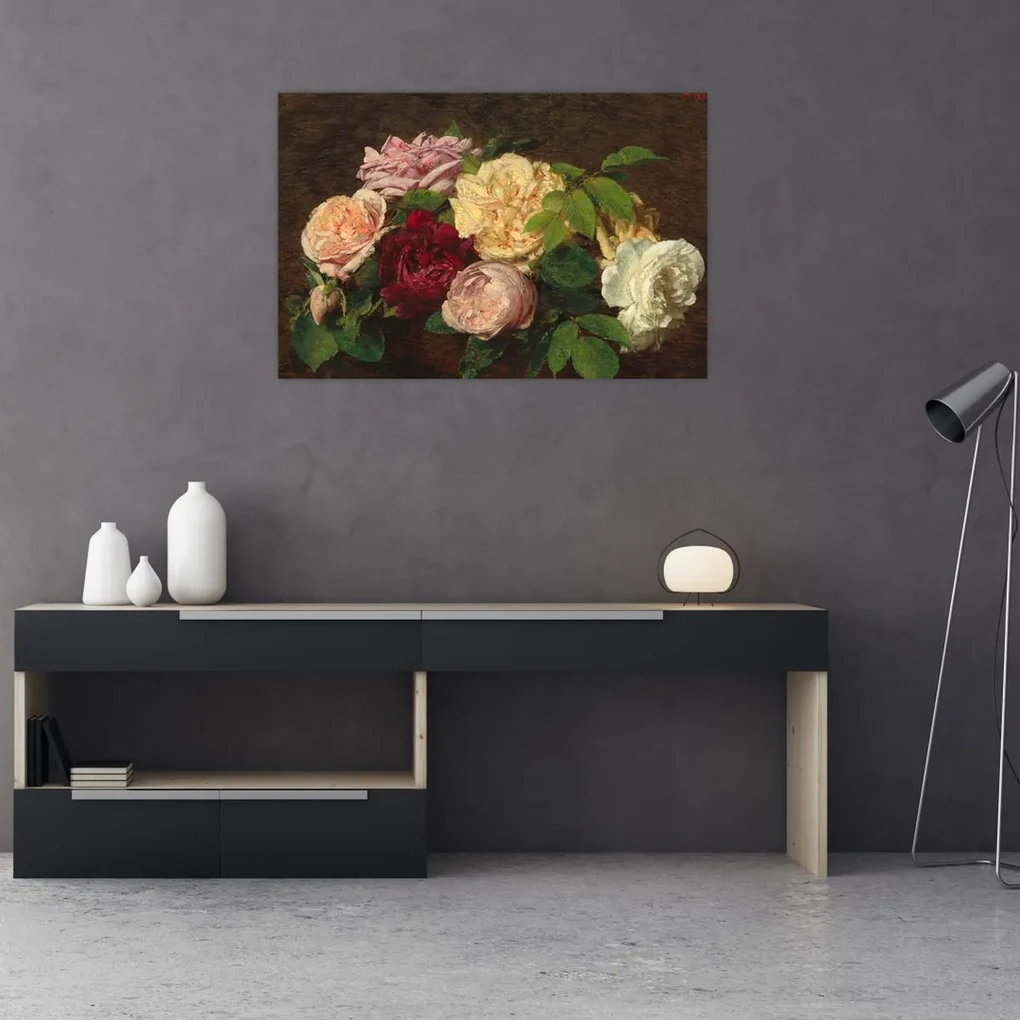 Obraz - Henri Fantin-Latour, Roses de Nice on a Table, reprodukcia (90x60 cm)